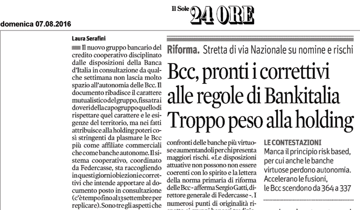 Bcc, pronti i correttivi alle regole di Bankitalia. Troppo peso alla holding