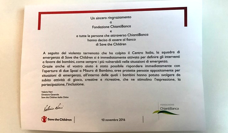 Fondazione ChiantiBanca e Save The Children, 19mila euro per i bimbi colpiti dal sisma